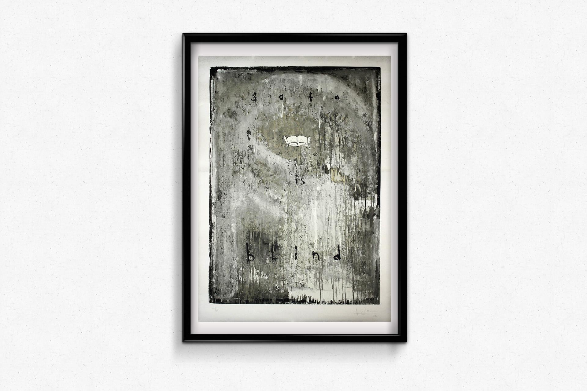 1957 original lithograph - Sofa is Blind - Gray Print by Unknown