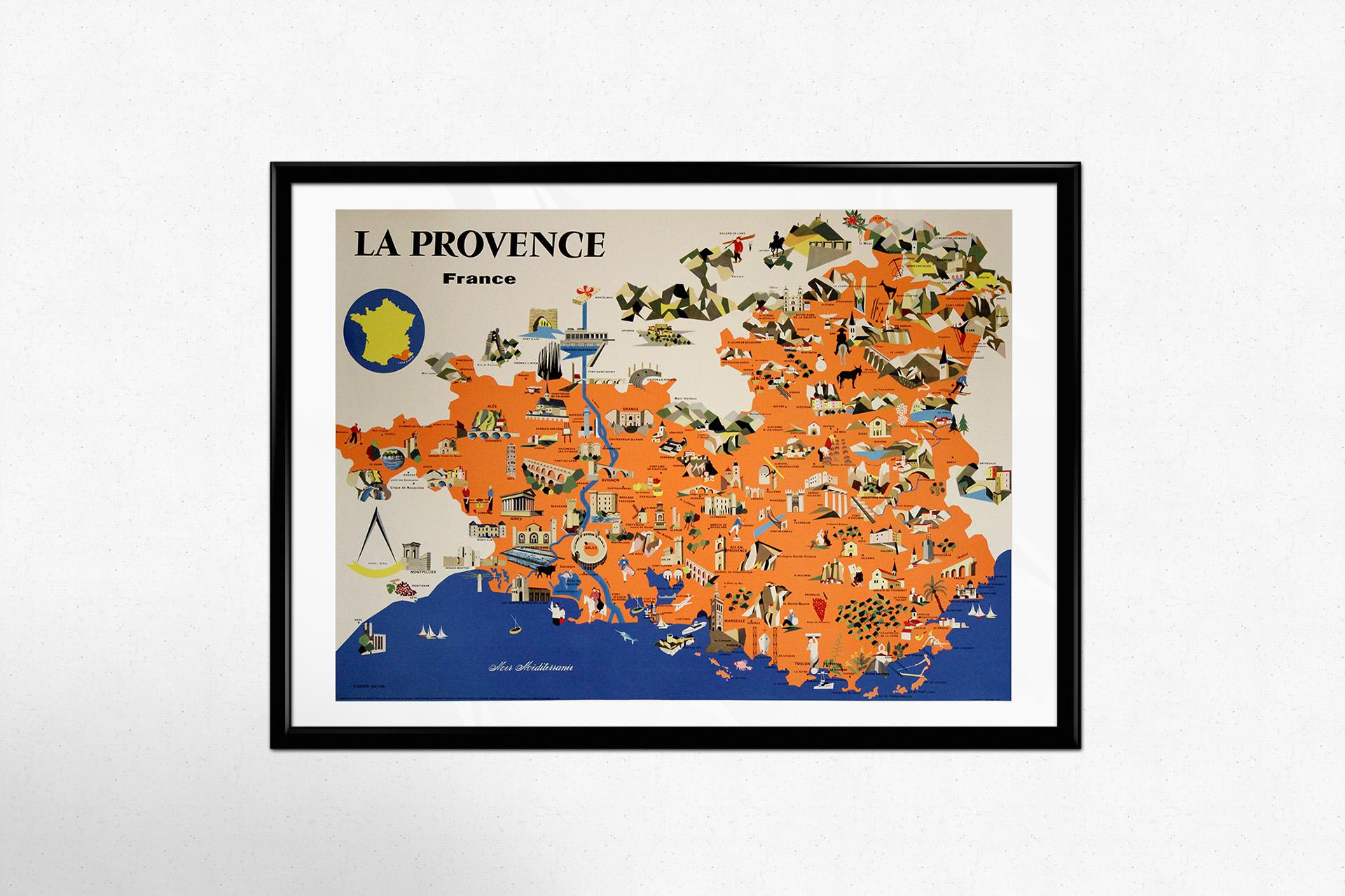 This vibrant 1958 map poster dedicated to La Provence offers a whimsical and informative journey through one of France’s most cherished regions. Combining charm and clarity, it serves as both a visual guide and a cultural snapshot of Provence and
