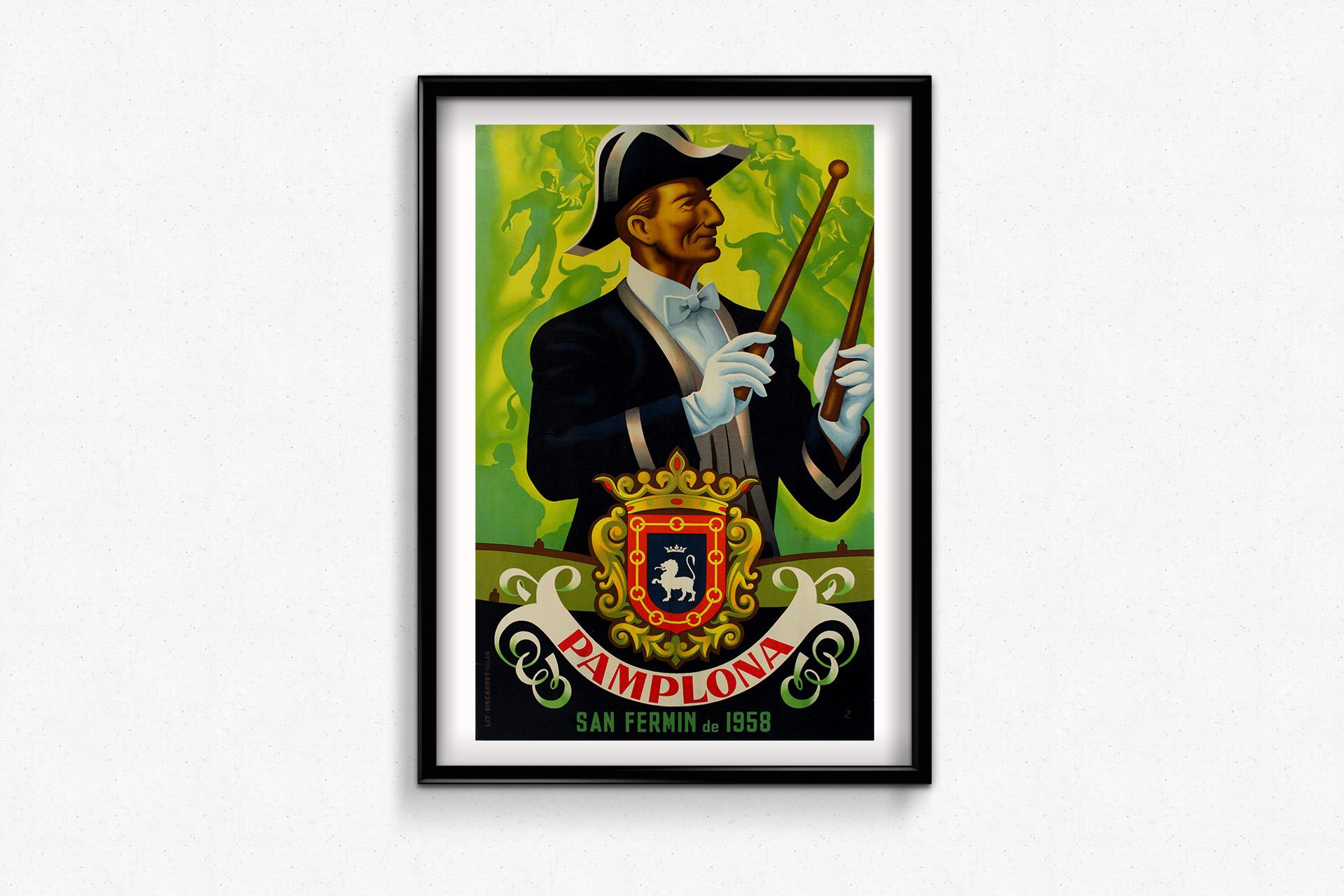 Das Originalplakat für das San-Fermín-Festival in Pamplona aus dem Jahr 1958 ist ein fesselndes Stück Festivalkunst aus der Mitte des 20. Jahrhunderts, das von der Energie und der Aufregung erfüllt ist, die dieses ikonische Ereignis ausmachen. Das