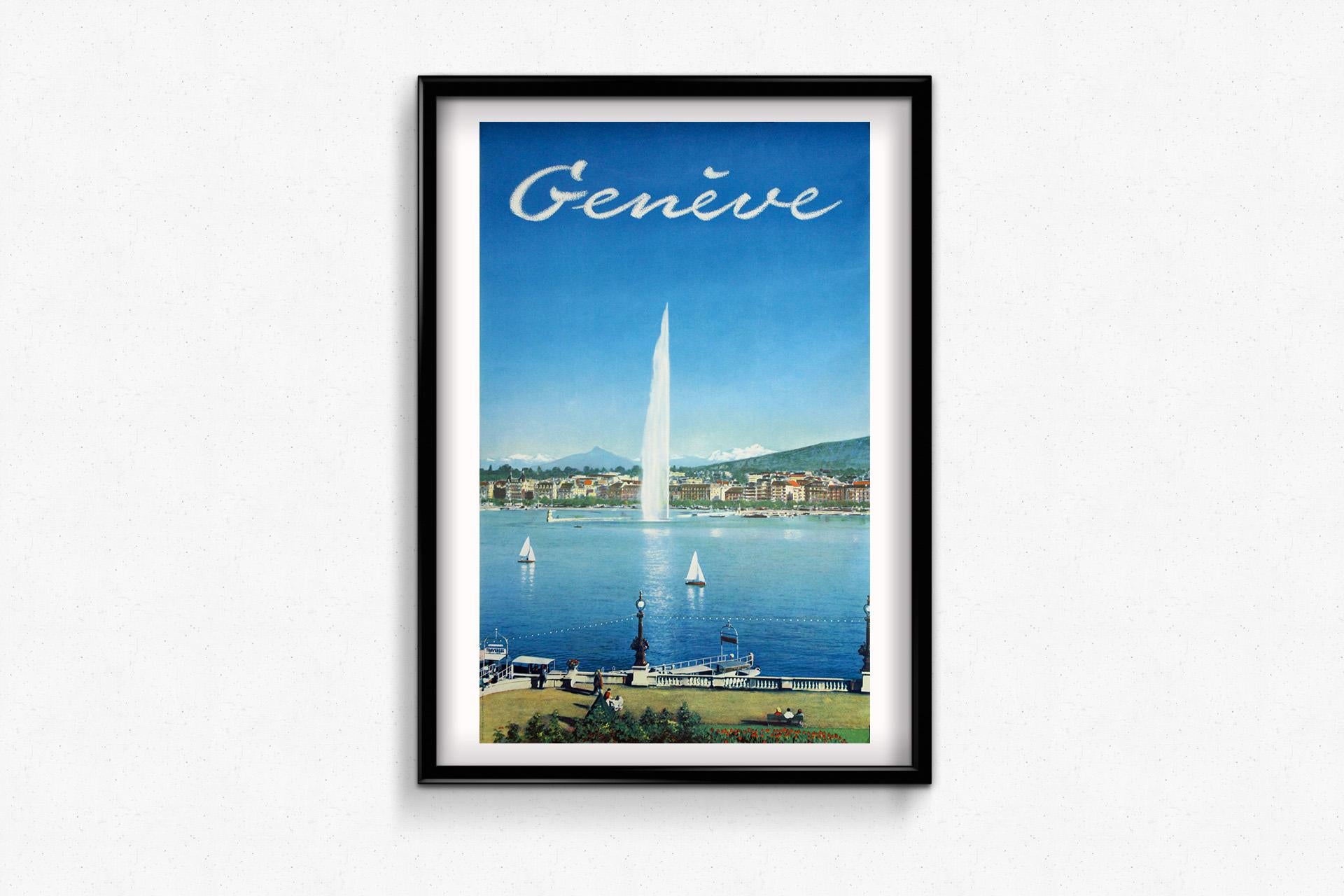 1958 Original Reiseplakat Genf - Schweiz - Lac Léman (Blau), Print, von Unknown