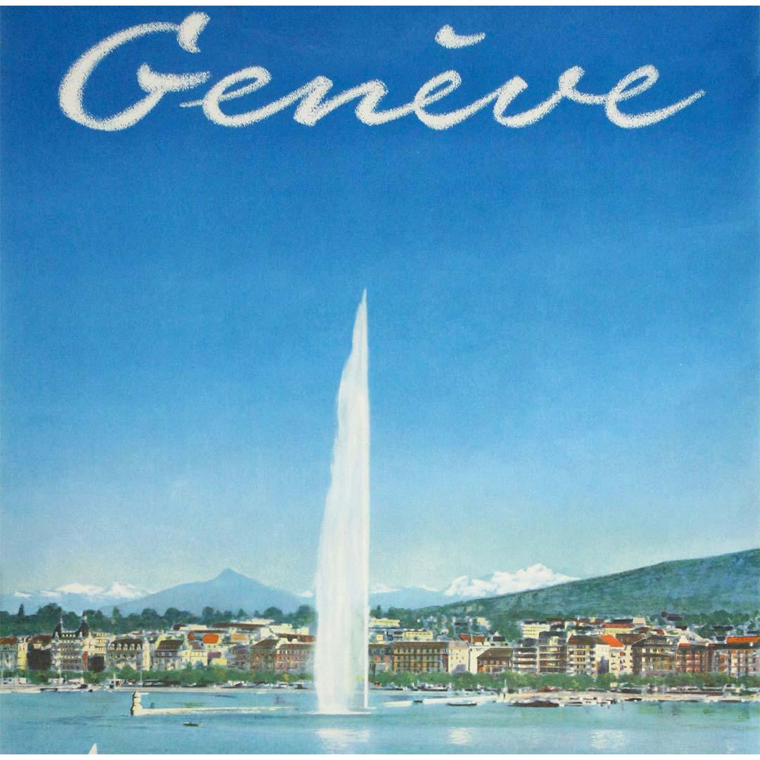 Dieses elegante Original-Reiseplakat aus dem Jahr 1958 zeigt die kultivierte Schönheit von Genf, der internationalen Stadt der Schweiz, in gestochen scharfem fotografischen Realismus. Dieses Werk, das vom Schweizerischen Verkehrsbüro während des