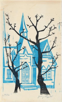 1960's Woodblock Print of a Blue Building with Winter Trees