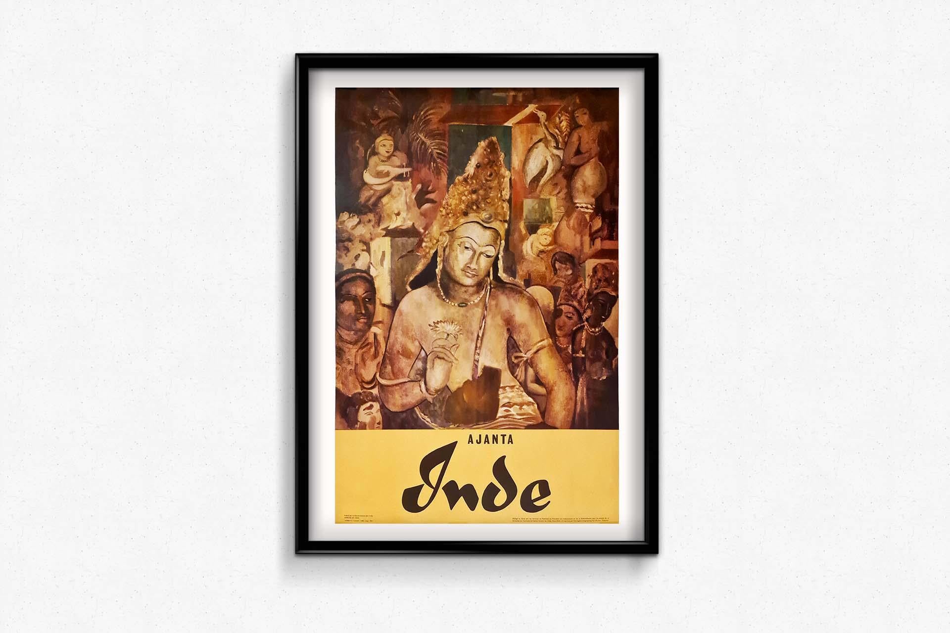 1961 Original Tourismusplakat für Ajanta-Region in Indien – Bodhisattva Padmapani im Angebot 2