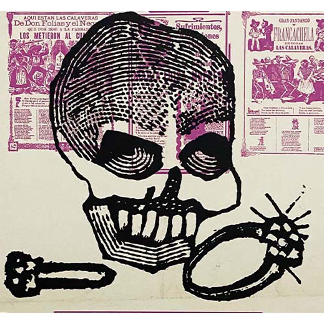 Plakat aus dem Jahr 1963 für eine Ehrung von Posada. Mexikanischer Tag der Toten in Paris.
Der mexikanische Graveur José Guadalupe Posada war ein beliebter Künstler, der seine erstaunlichen, detailreichen Kompositionen in Zeitungen veröffentlichte,