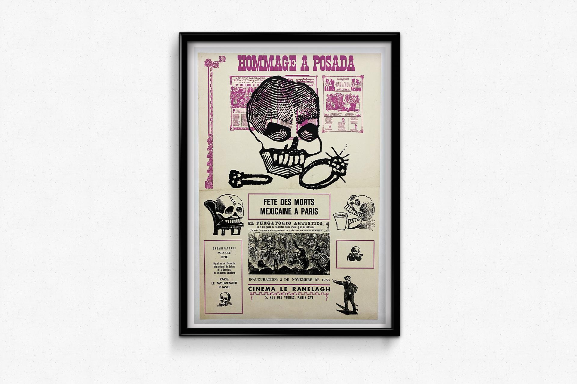 1963 Original poster for a tribute to Posada - Mexican Day of the Dead in Paris For Sale 1