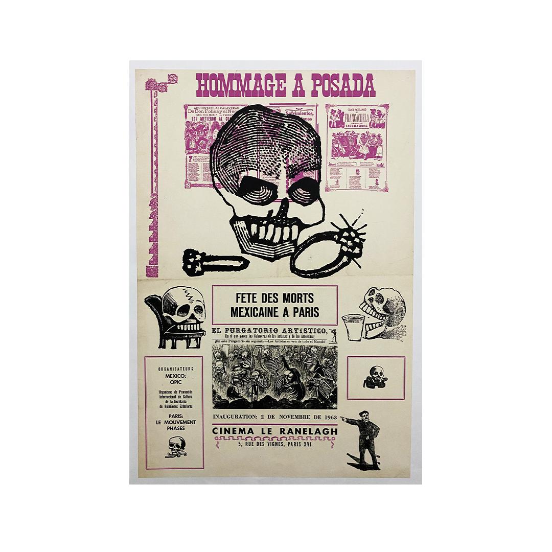 1963 Original poster for a tribute to Posada - Mexican Day of the Dead in Paris For Sale 2