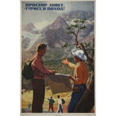 1963 Original Soviet Travel Poster “Tourist Go Hiking” Mountains USSR