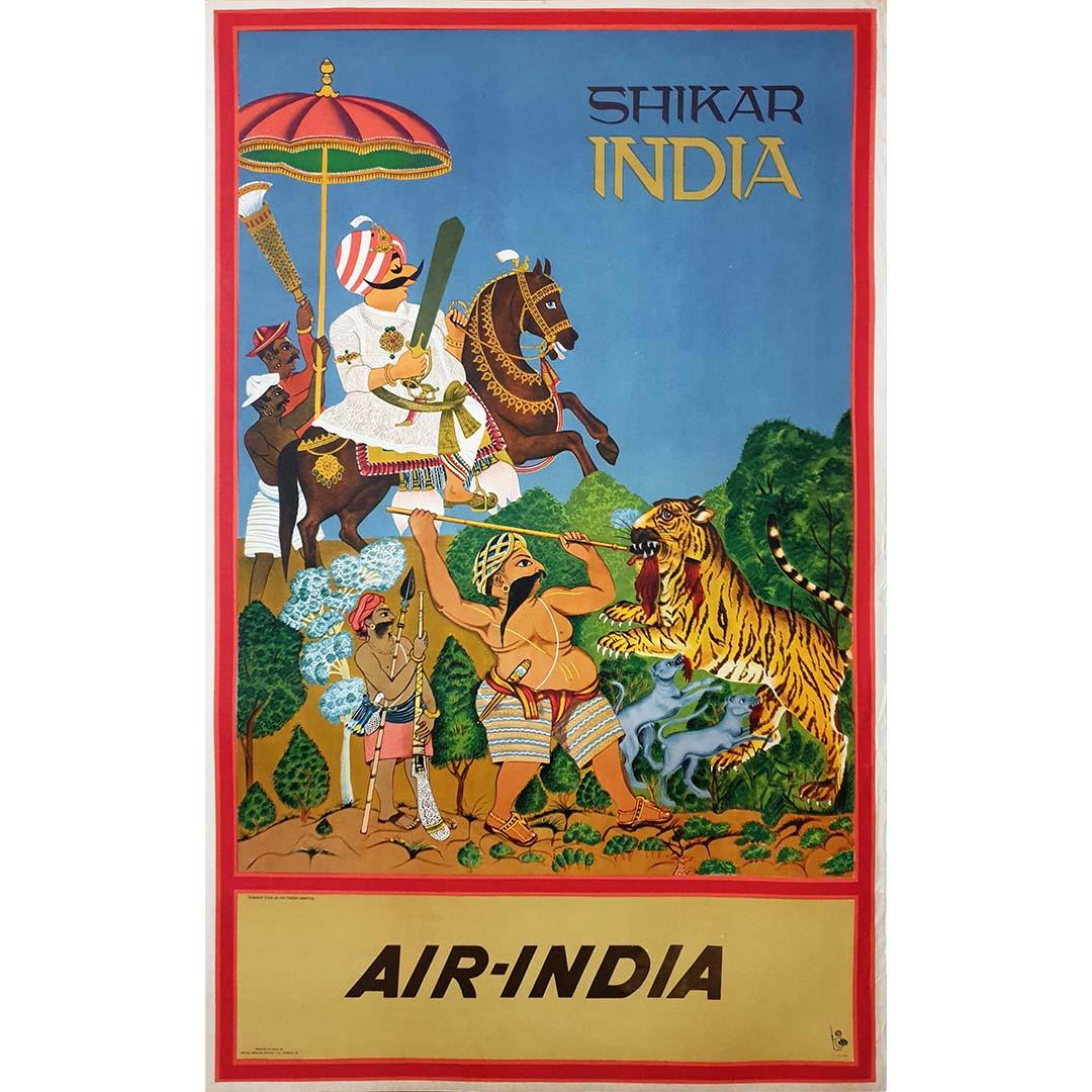 Bonito póster de Air India adaptado de una antigua pintura india
Este raro cartel de 1968 fue encargado por Air India, que es la compañía aérea nacional de la India, creada en 1932.
En aquella época, era habitual utilizar mascotas en su estrategia