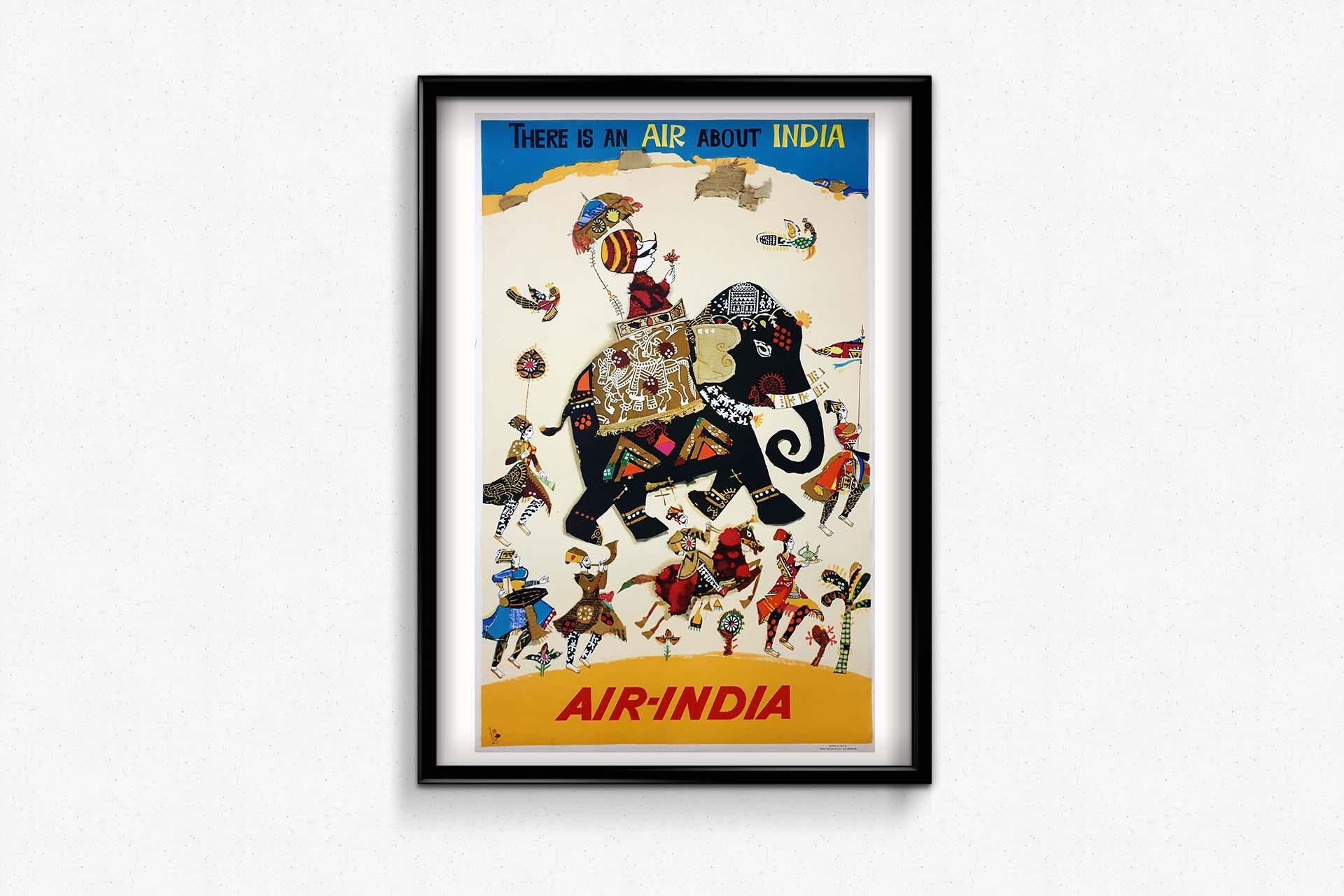 This rare 1968 poster was commissioned by Air India, which is the national airline of India, established in 1932.
At the time, it was common to use mascots in its marketing strategy. Indeed, this strategy offered better visibility, simplicity,
