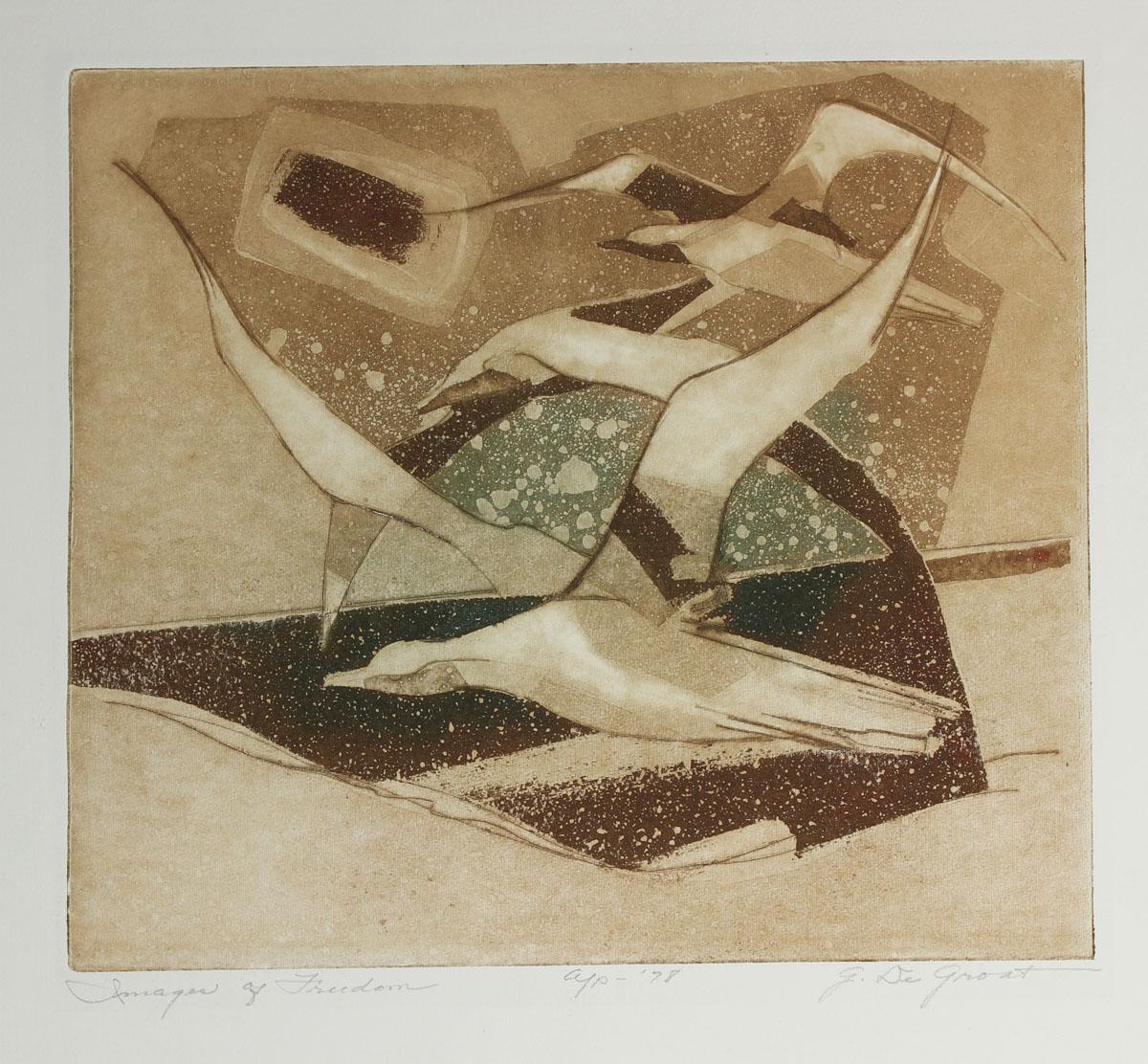 Unknown Landscape Print - 1970's Etching of Birds in Flight 