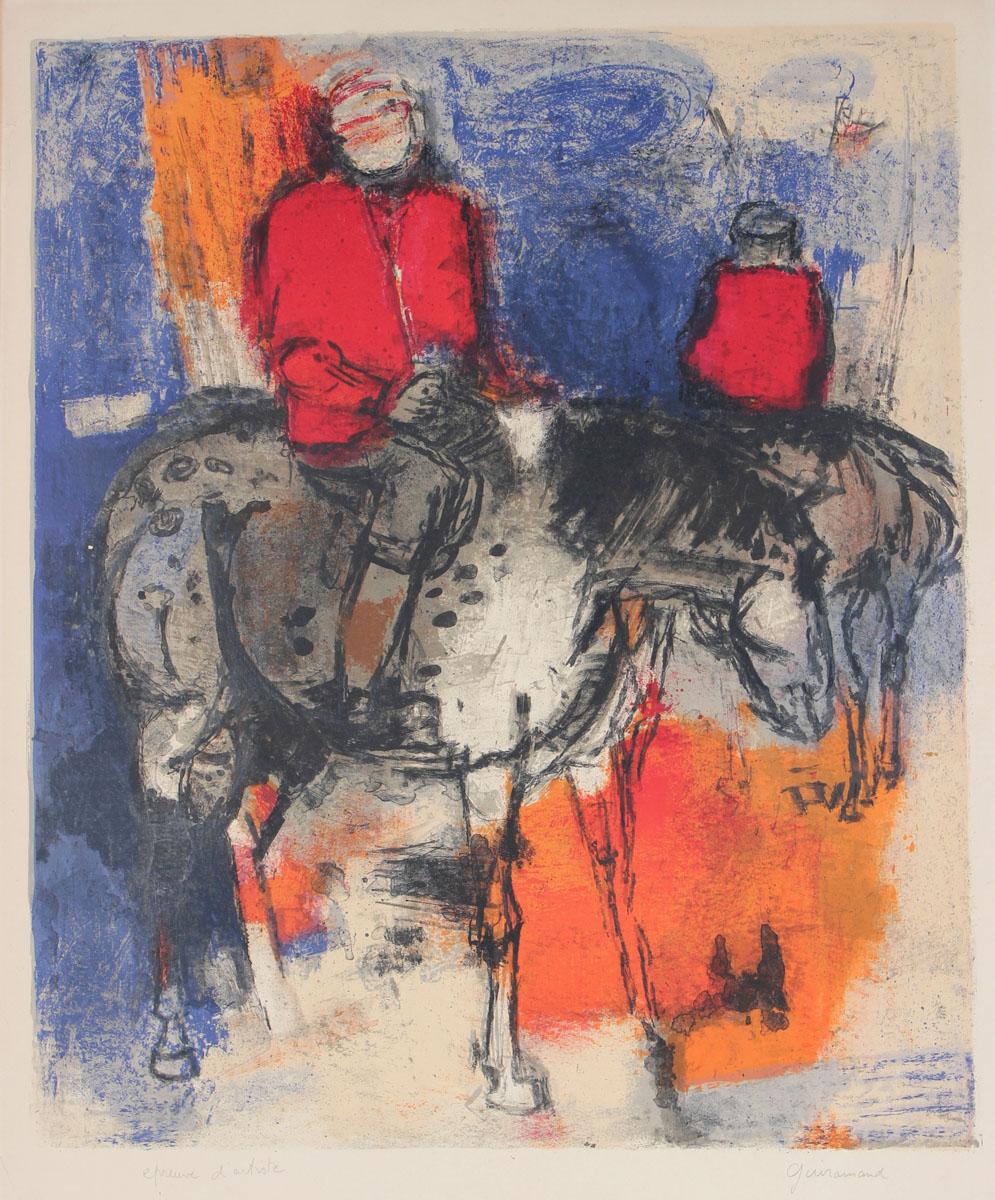 Unknown Animal Print - 1970's Lithograph of a Figure on Horseback 