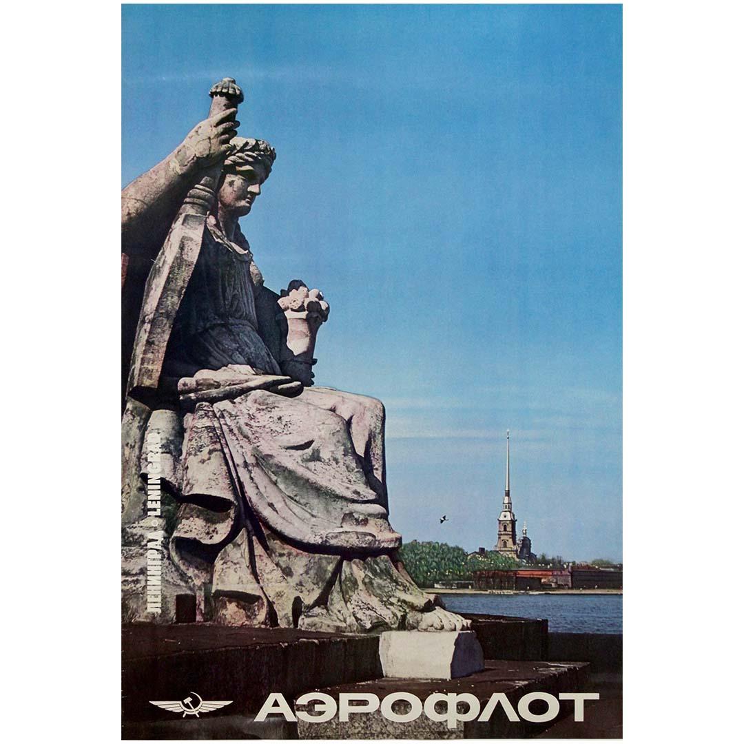 Poster di viaggio originale del 1970 - Vola con Aeroflot a Leningrado San Pietroburgo in vendita 2
