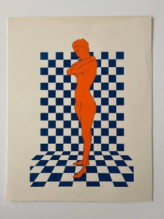 1970s Silkscreen "Woman on Checkered Background Blue & Orange"