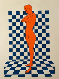 1970s Silkscreen "Woman on Checkered Background Blue & Orange"
