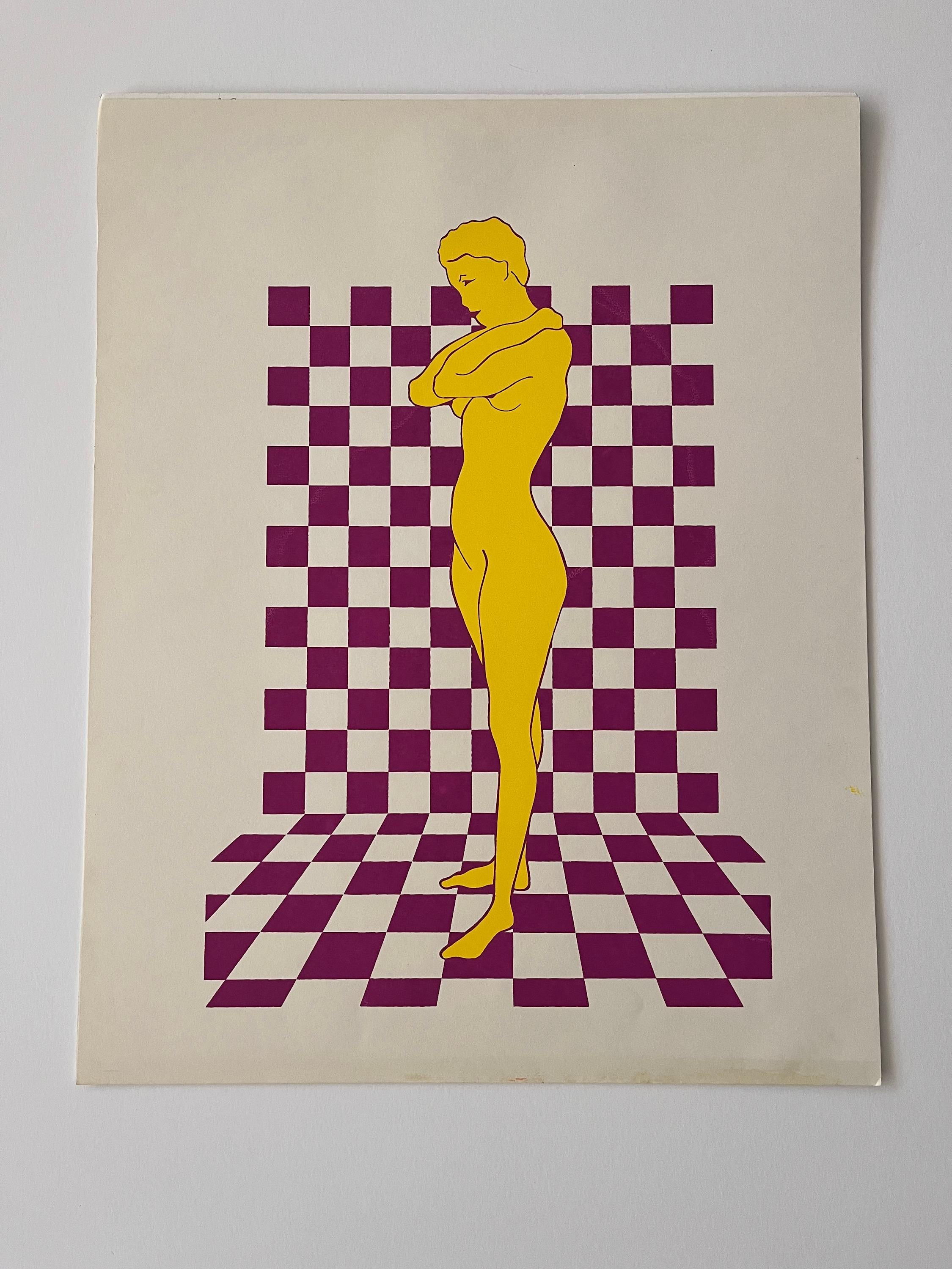 Sérigraphie des années 1970, Femme sur fond à carreaux, violet et jaune - Print de Unknown