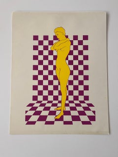 1970s Silkscreen "Woman on Checkered Background Purple & Yellow"