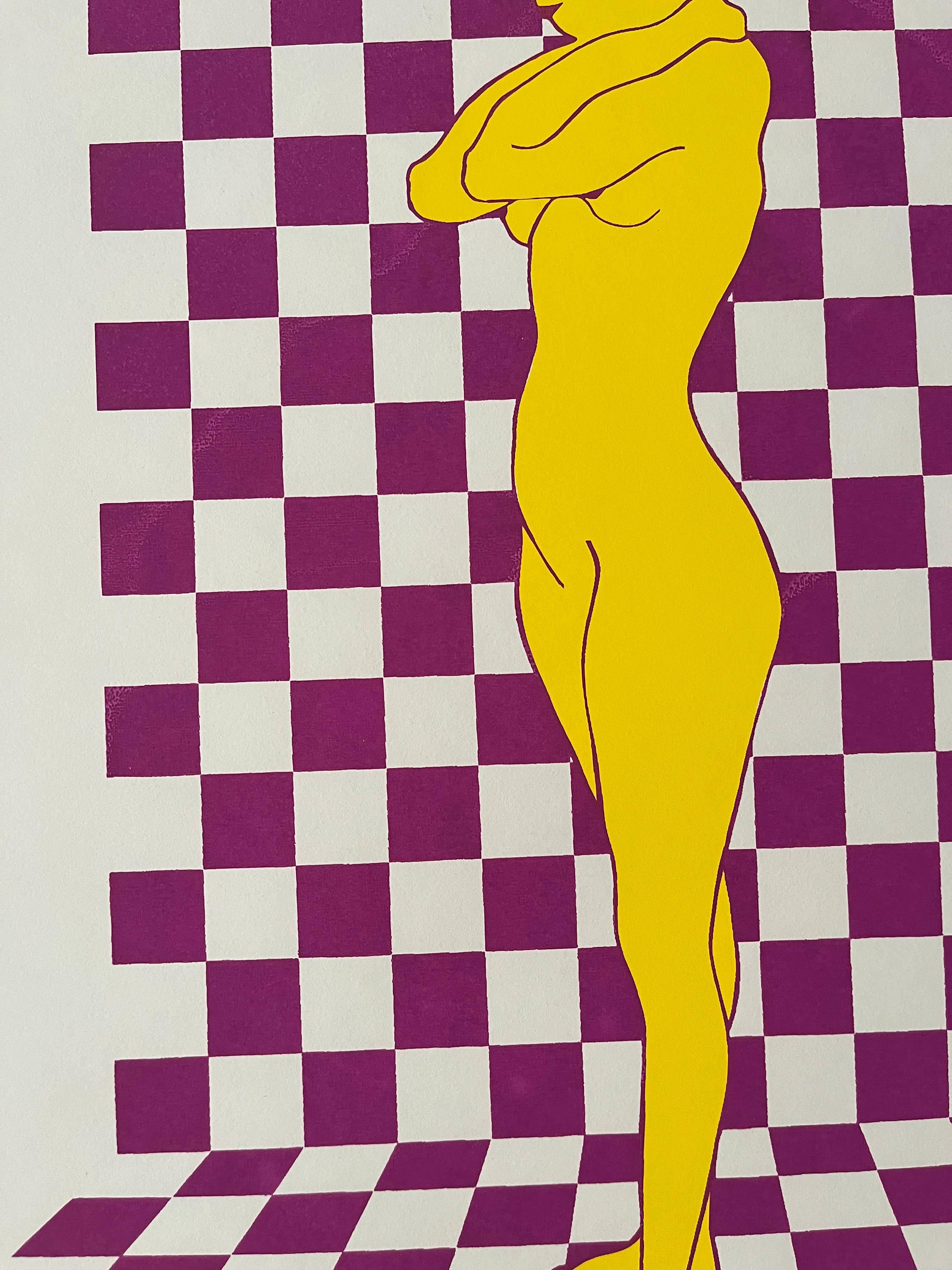 Sérigraphie des années 1970, Femme sur fond à carreaux, violet et jaune - Gris Figurative Print par Unknown