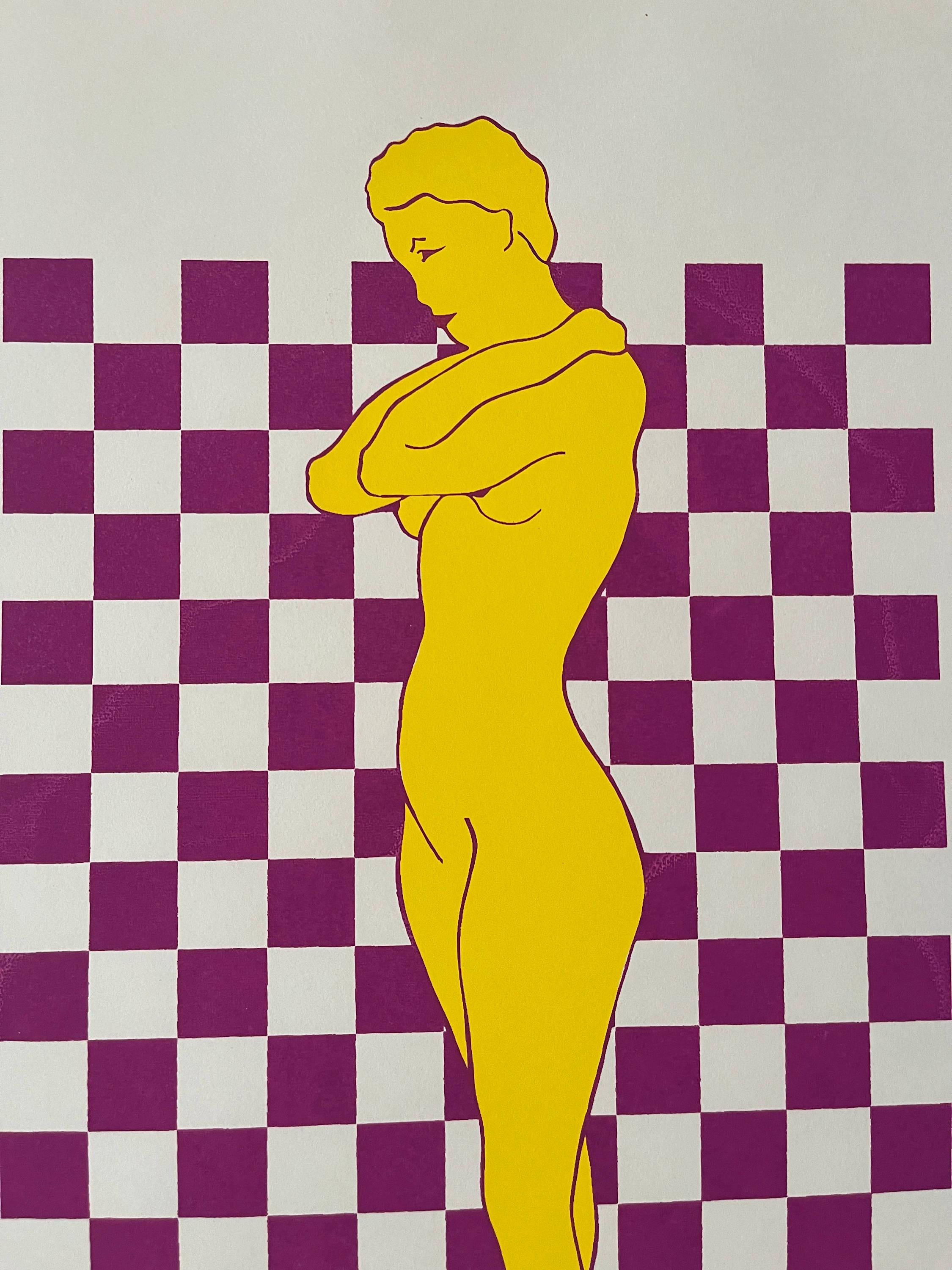 Sérigraphie des années 1970, Femme sur fond à carreaux, violet et jaune en vente 1