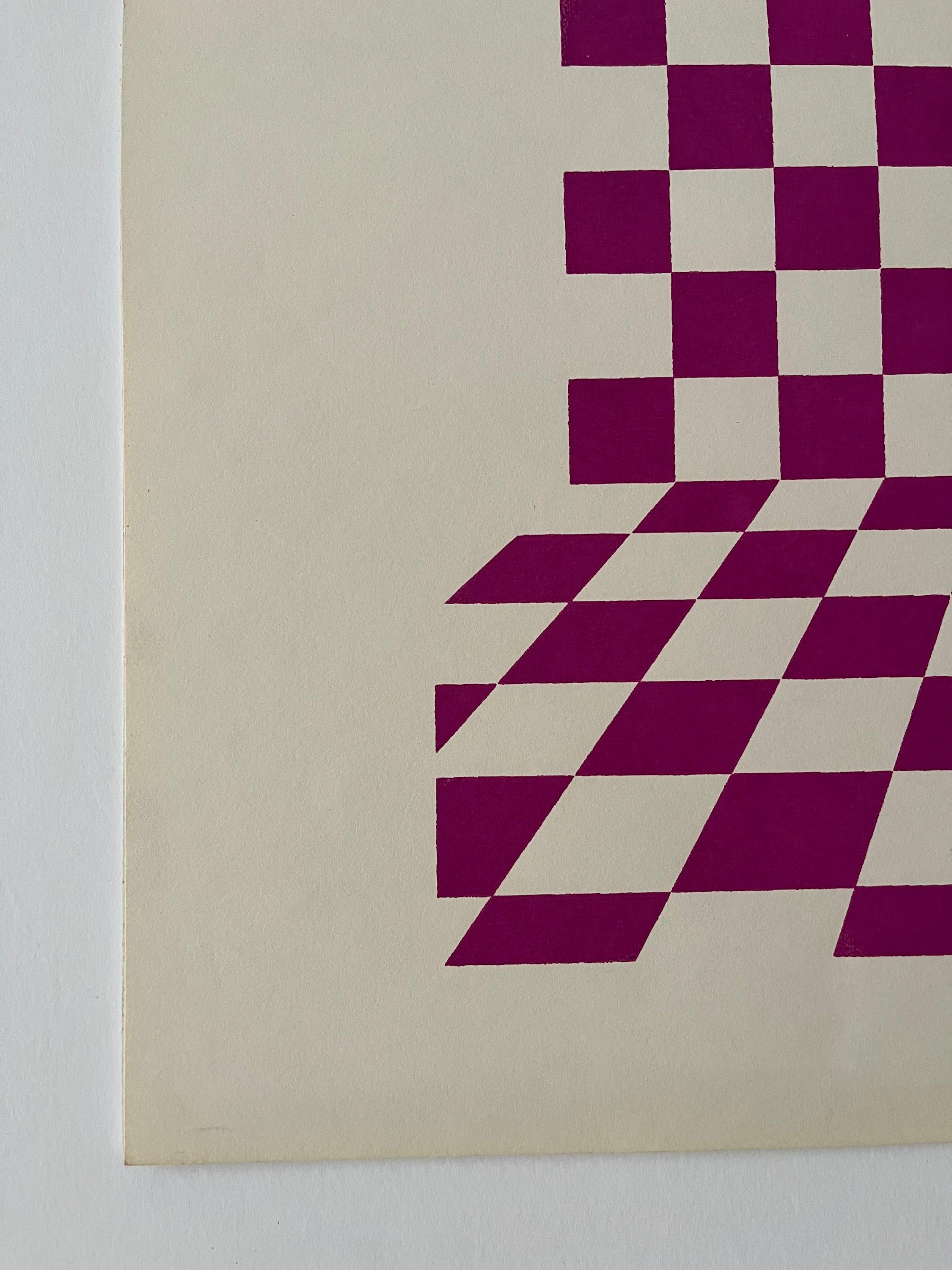 Sérigraphie des années 1970, Femme sur fond à carreaux, violet et jaune en vente 2