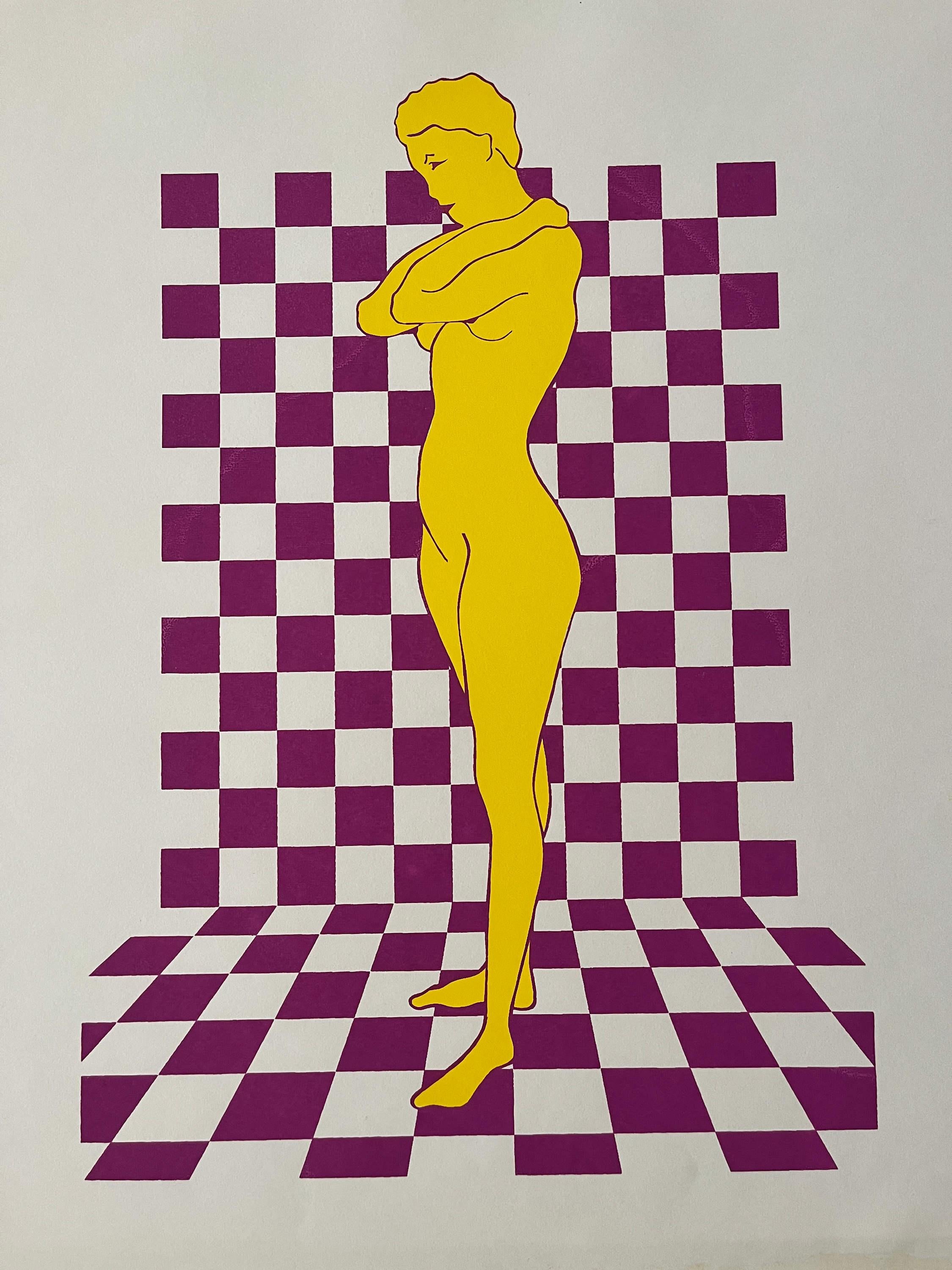 Serigrafia anni '70 "Donna su sfondo a scacchi viola e giallo"