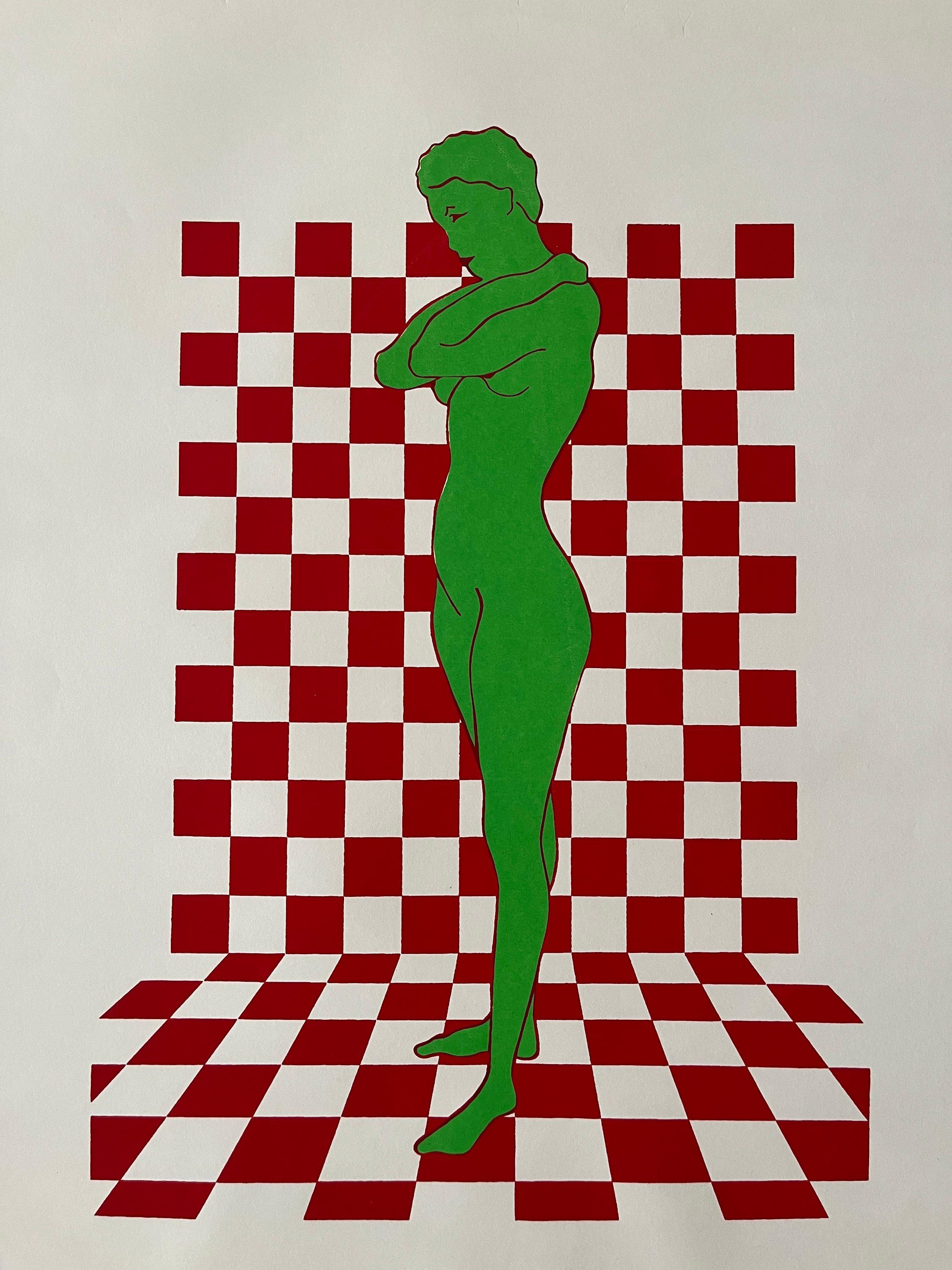 Serigrafia degli anni '70 "Donna su sfondo a scacchi rosso & verde"