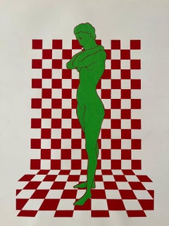 Serigrafia degli anni '70 "Donna su sfondo a scacchi rosso & verde"