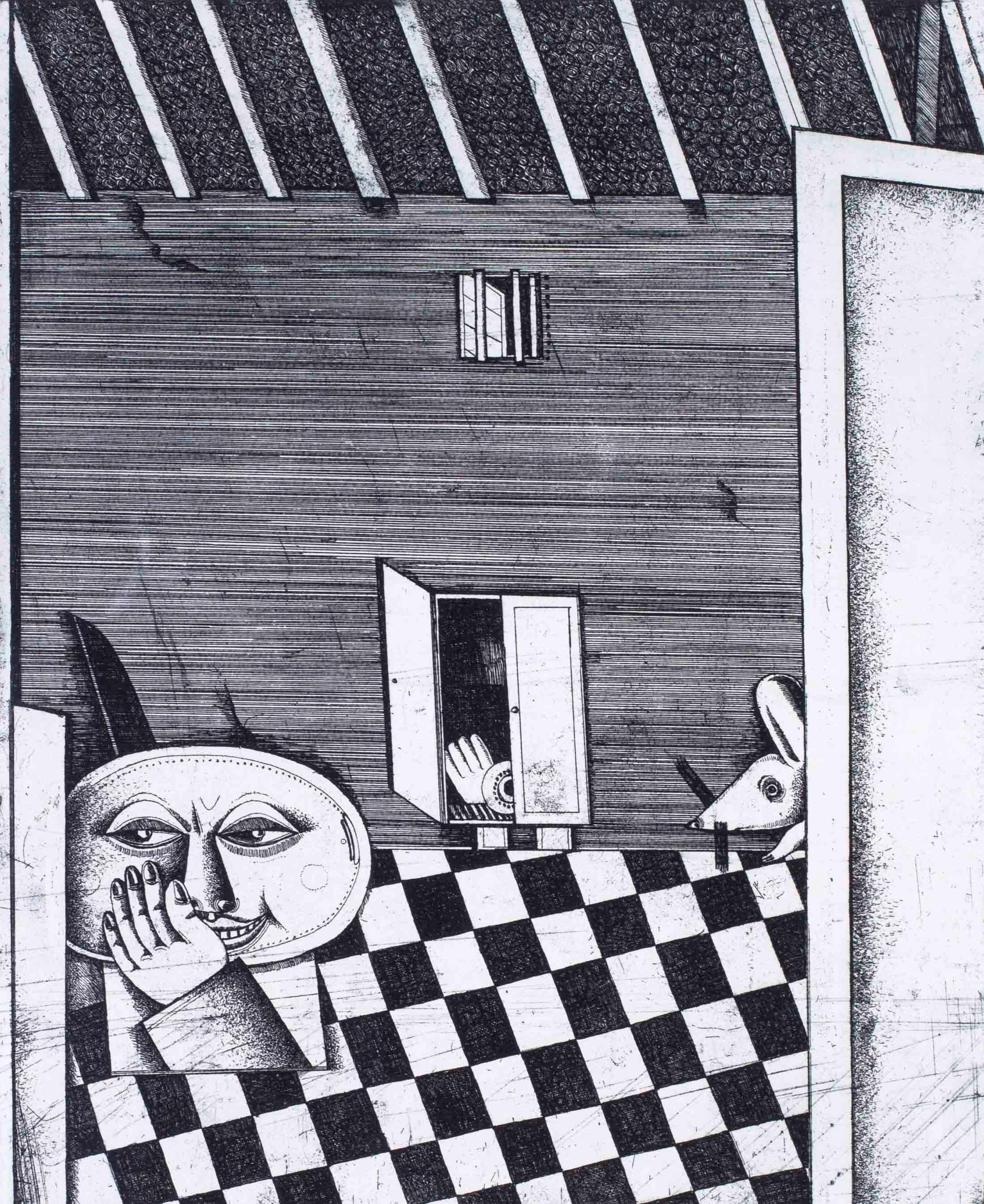Surrealistische Schwarz-Weiß-Radierungen des deutschen Künstlers Christoph Muhil aus den 1970er Jahren  – Print von Unknown