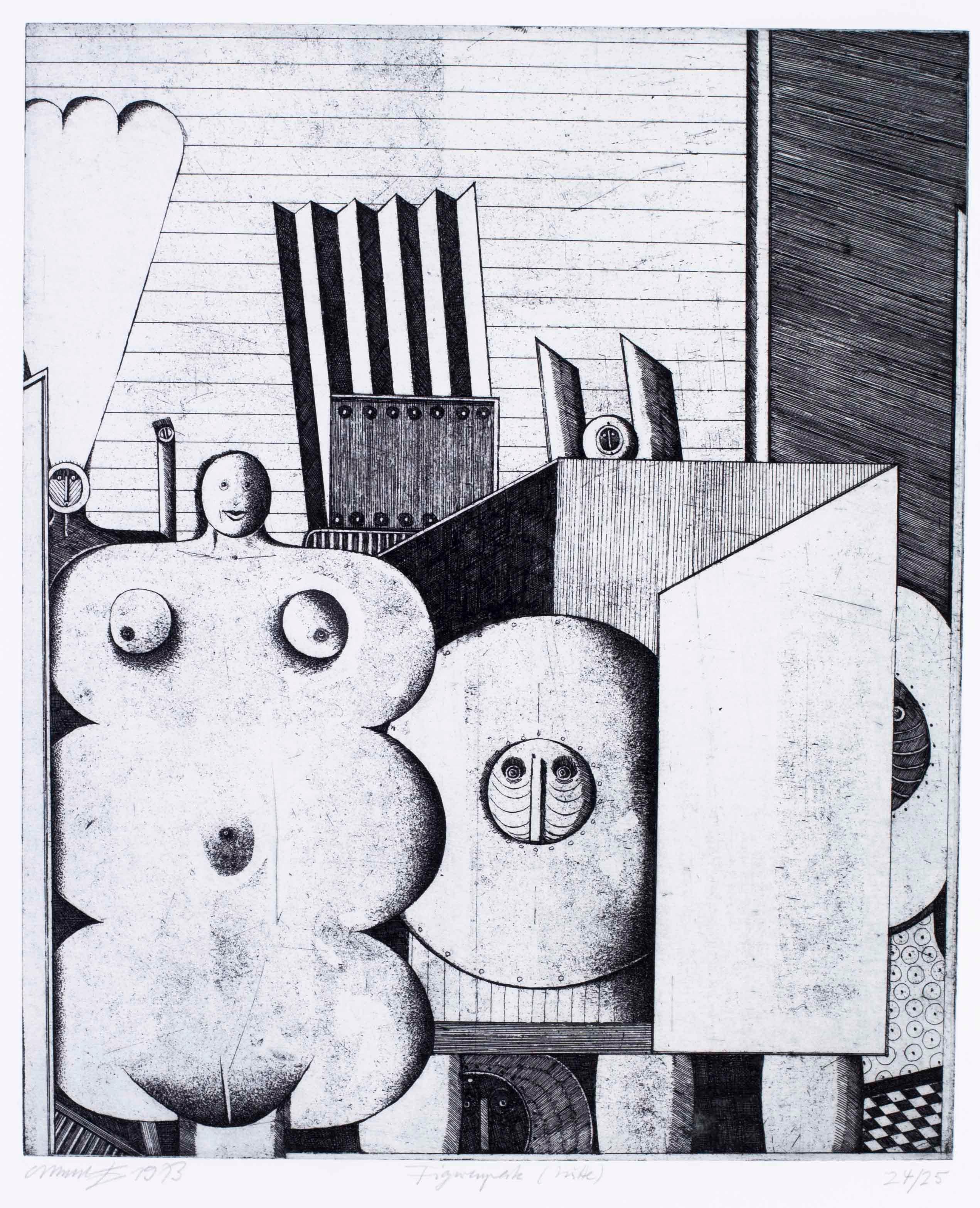 Surrealistische Schwarz-Weiß-Radierungen des deutschen Künstlers Christoph Muhil aus den 1970er Jahren – Print von Unknown