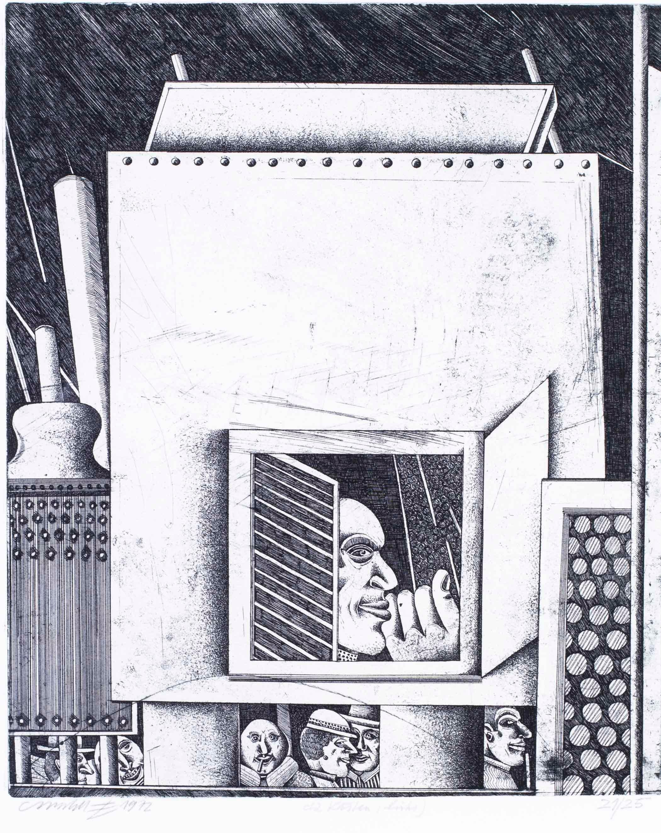 Gravures surréalistes en noir et blanc de l'artiste allemand Christoph Muhil des années 1970 - Print de Unknown