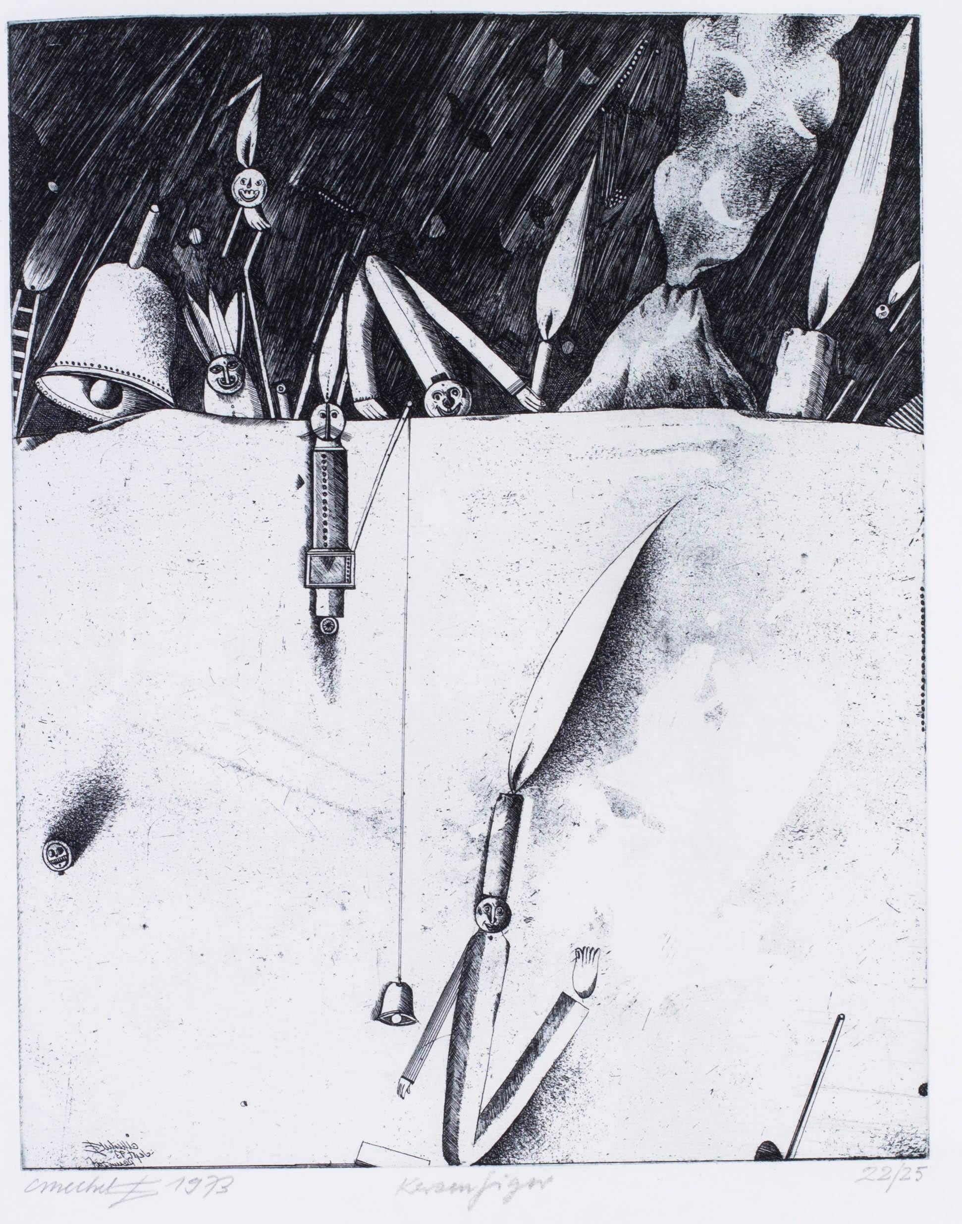 1970s Surrealist black and white etchings by German artist Christoph Muhil - Print by Unknown