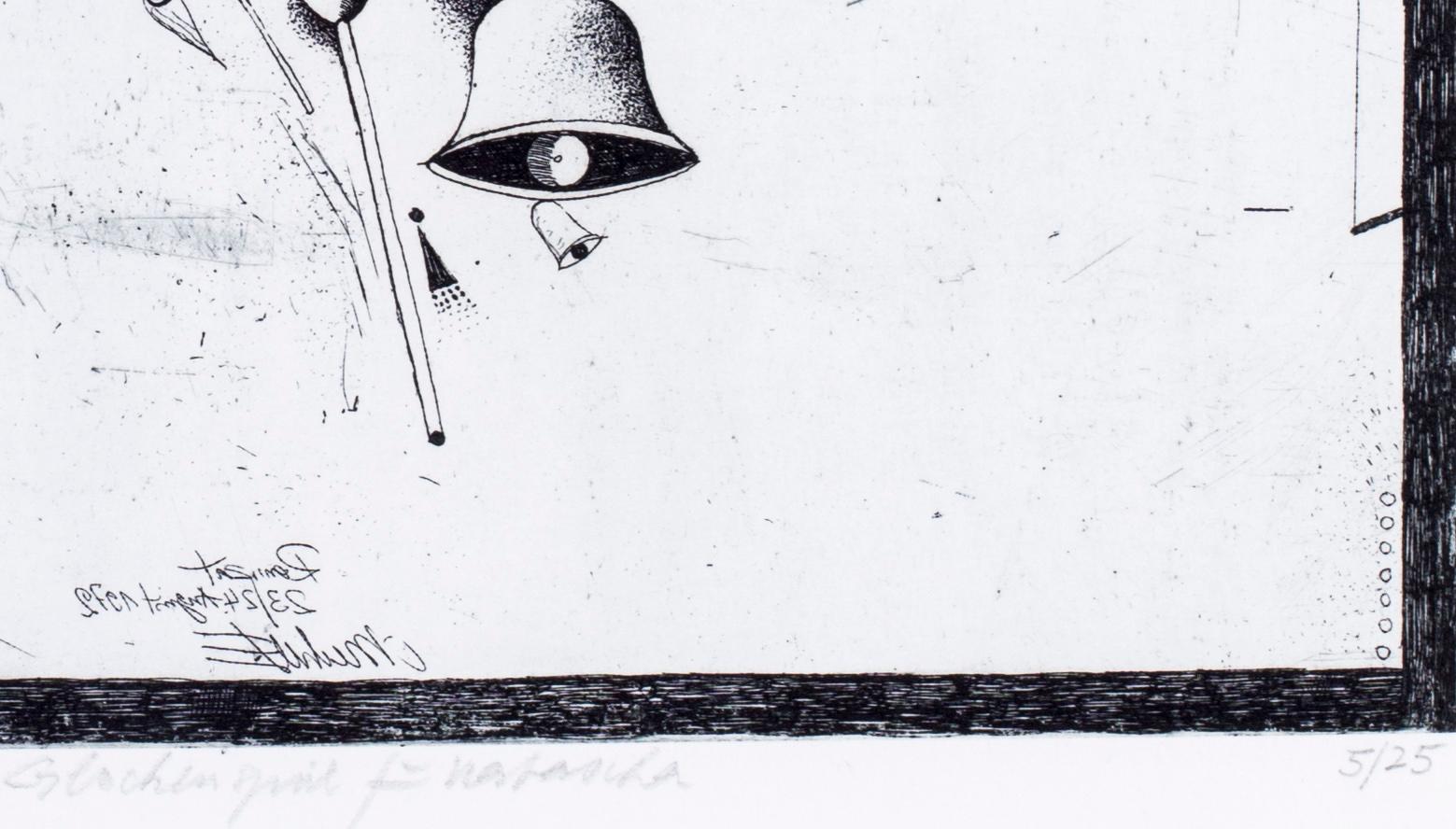 Gravures surréalistes en noir et blanc de l'artiste allemand Christoph Muhil des années 1970 - Gris Abstract Print par Unknown