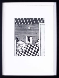 1970s Surrealist black and white etchings by German artist Christoph Muhil 