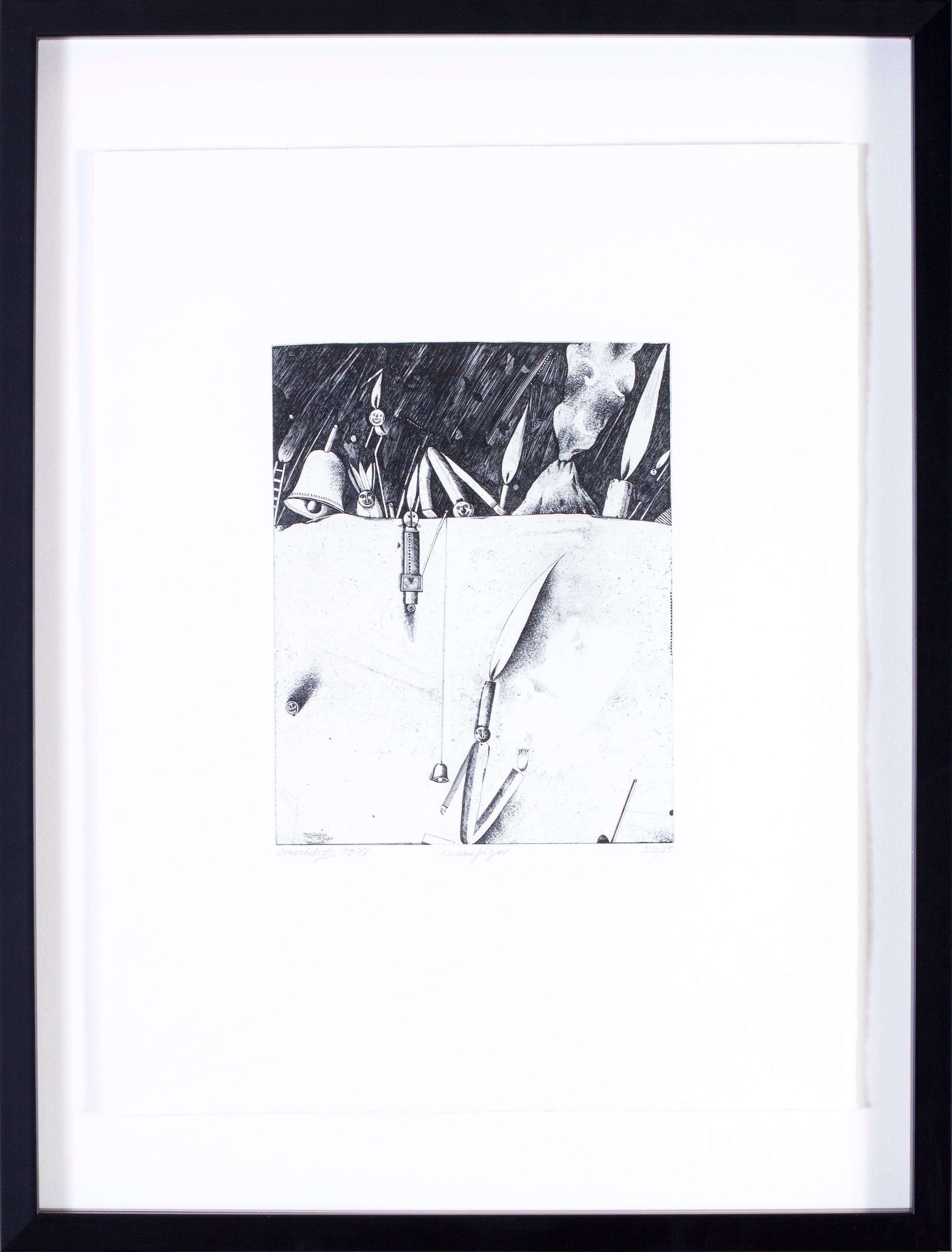 Unknown Abstract Print - 1970s Surrealist black and white etchings by German artist Christoph Muhil