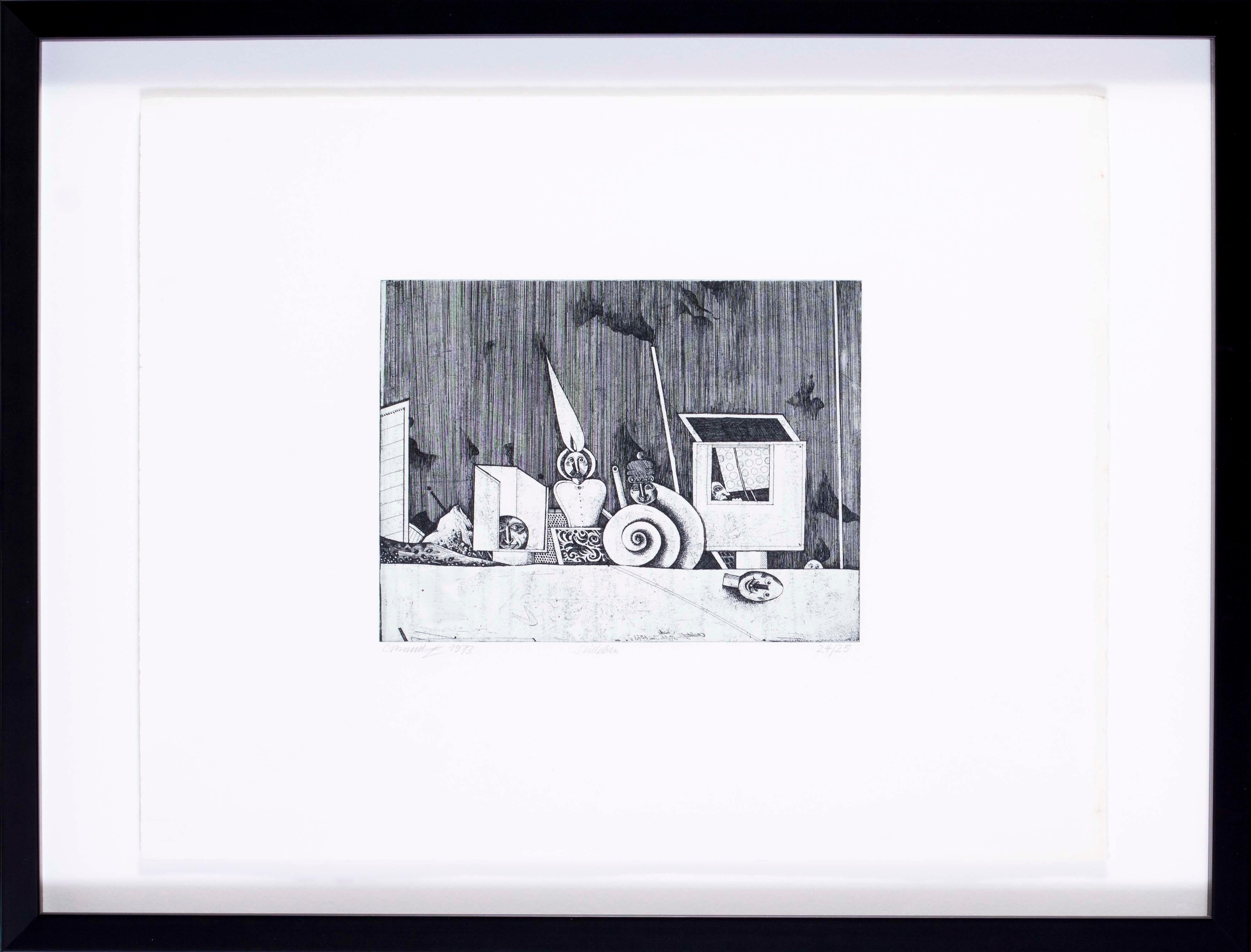 Unknown Abstract Print - 1970s Surrealist black and white etchings by German artist Christoph Muhil