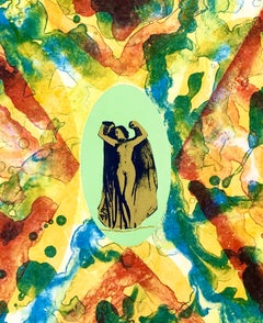 Lithographie d'ange nu surréaliste des années 1970, couleur psychédélique