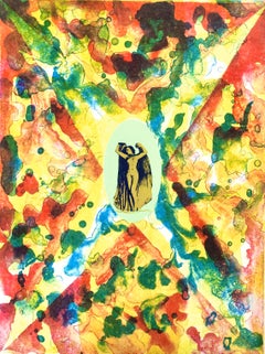 Vintage 1970s Surrealist Pop Art Nude Angel Lithograph Print Psychedelic Color