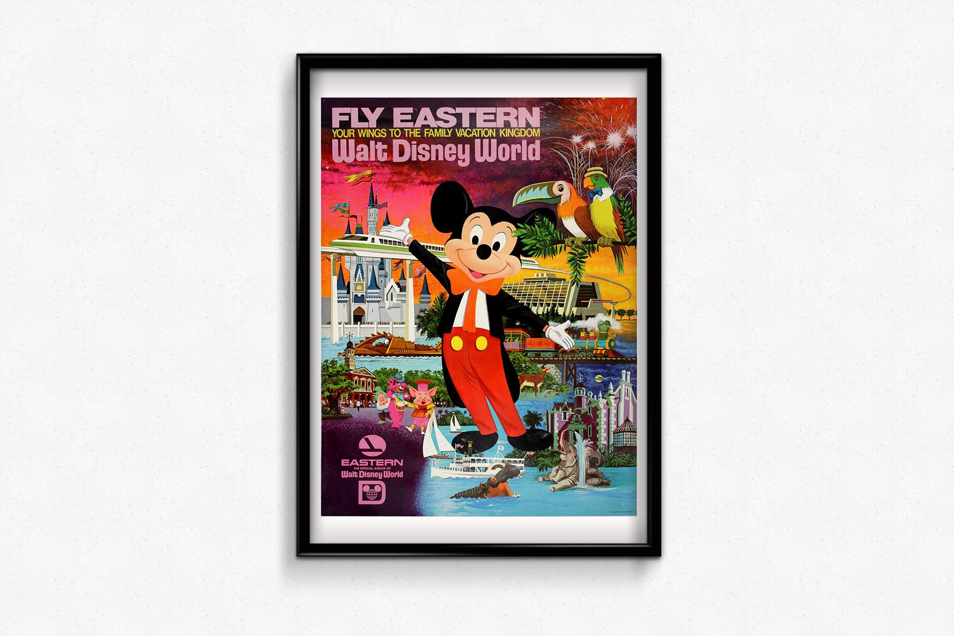 Step into the golden age of American travel with this 1971 original poster promoting Eastern Airlines as the official airline of Walt Disney World. Issued in the year the now-legendary Florida park first opened, this vibrant and exuberant piece of