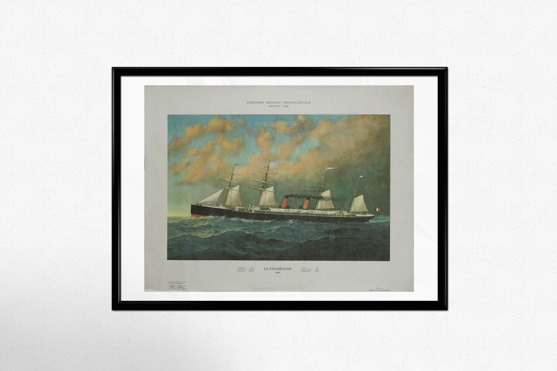 This 1972 original poster pays tribute to one of the elegant steamships of the Compagnie Générale Transatlantique, better known as the French Line—a company that defined the golden age of ocean travel.

Featured at center is the La Champagne, a