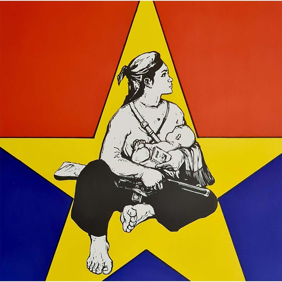 This 1973 Dutch political poster was created for Jongerenfront, a radical youth movement advocating anti-imperialism and revolutionary solidarity. The bold imagery and striking colors reflect the group's militant stance and support for liberation
