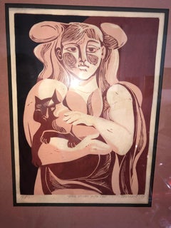 1974 Holzschnitt im Picasso-Stil „Junge Frau mit Katze“