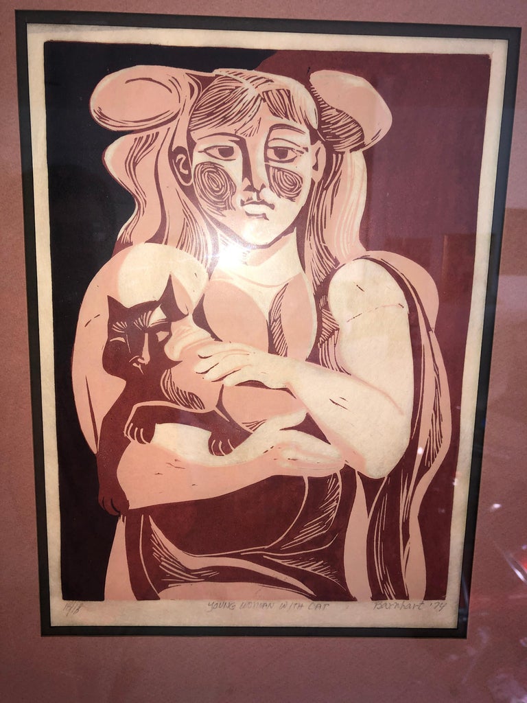 Unknown Figurative Print - 1974 Picasso Style Woodcut "Young Woman with Cat"