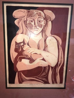 1974 Holzschnitt im Picasso-Stil "Junge Frau mit Katze"