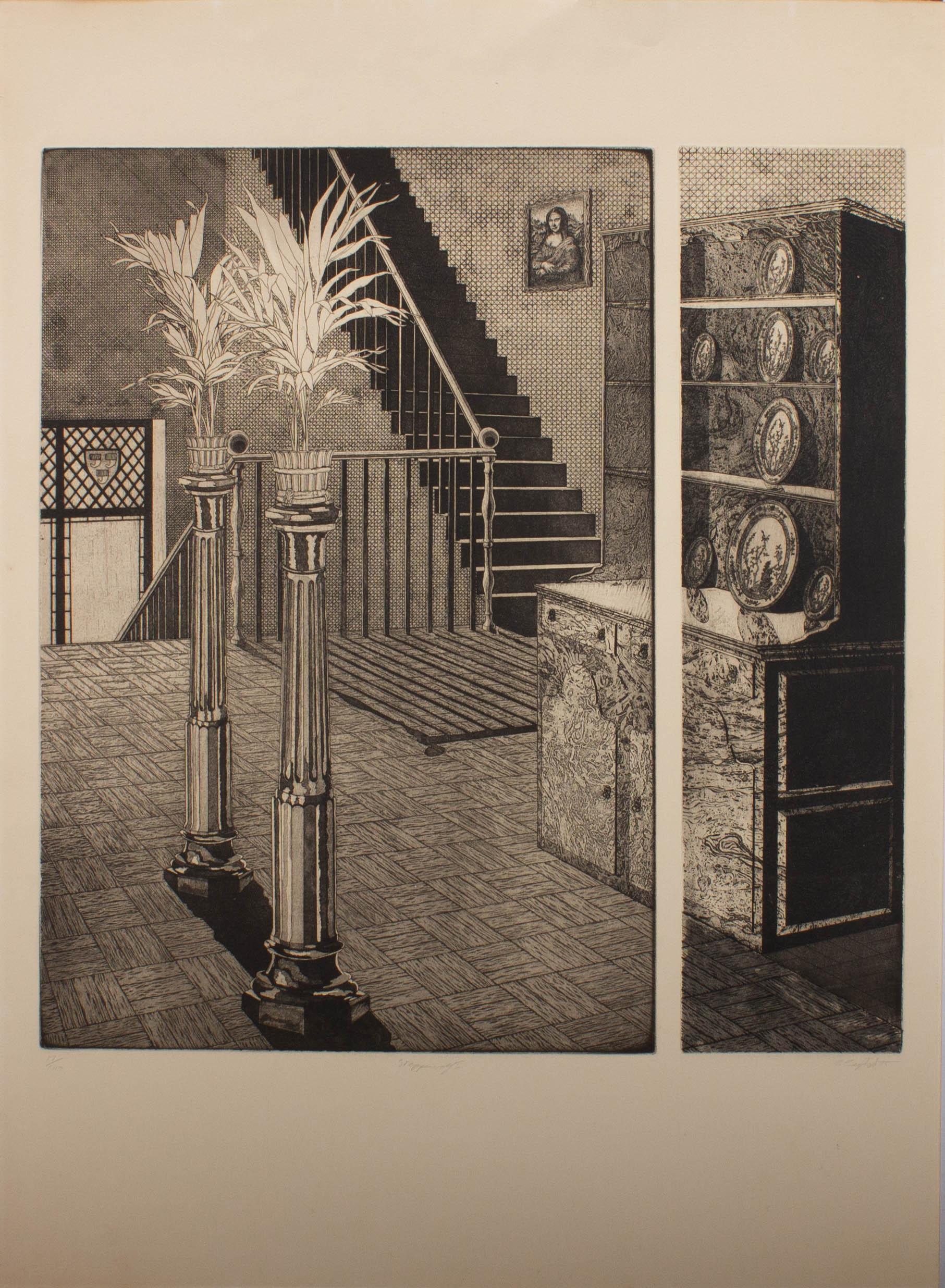A truly striking acid bath etching showing an interior inspired by the house inhabited by the protagonist of Herman Hesse's novel, Steppenwolf. The interior has a foreboding surrealism in its stretched proportions and unnerving textures. This