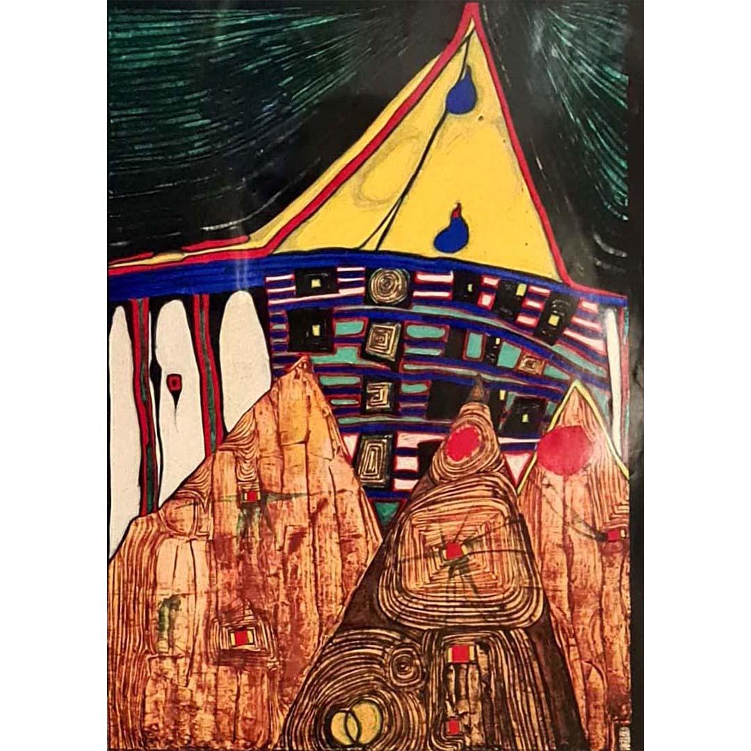 Schönes Plakat für die Ausstellung von Hundertwasser in der Paul Facchetti Gallery. Friedrich Stowasser (15. Dezember 1928 - 19. Februar 2000), besser bekannt unter seinem Pseudonym Friedensreich Regentag Dunkelbunt Hundertwasser, war ein