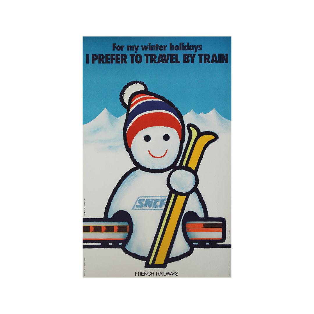 1975 poster for the SNCF - for my winter holidays i prefer to travel by train For Sale 1