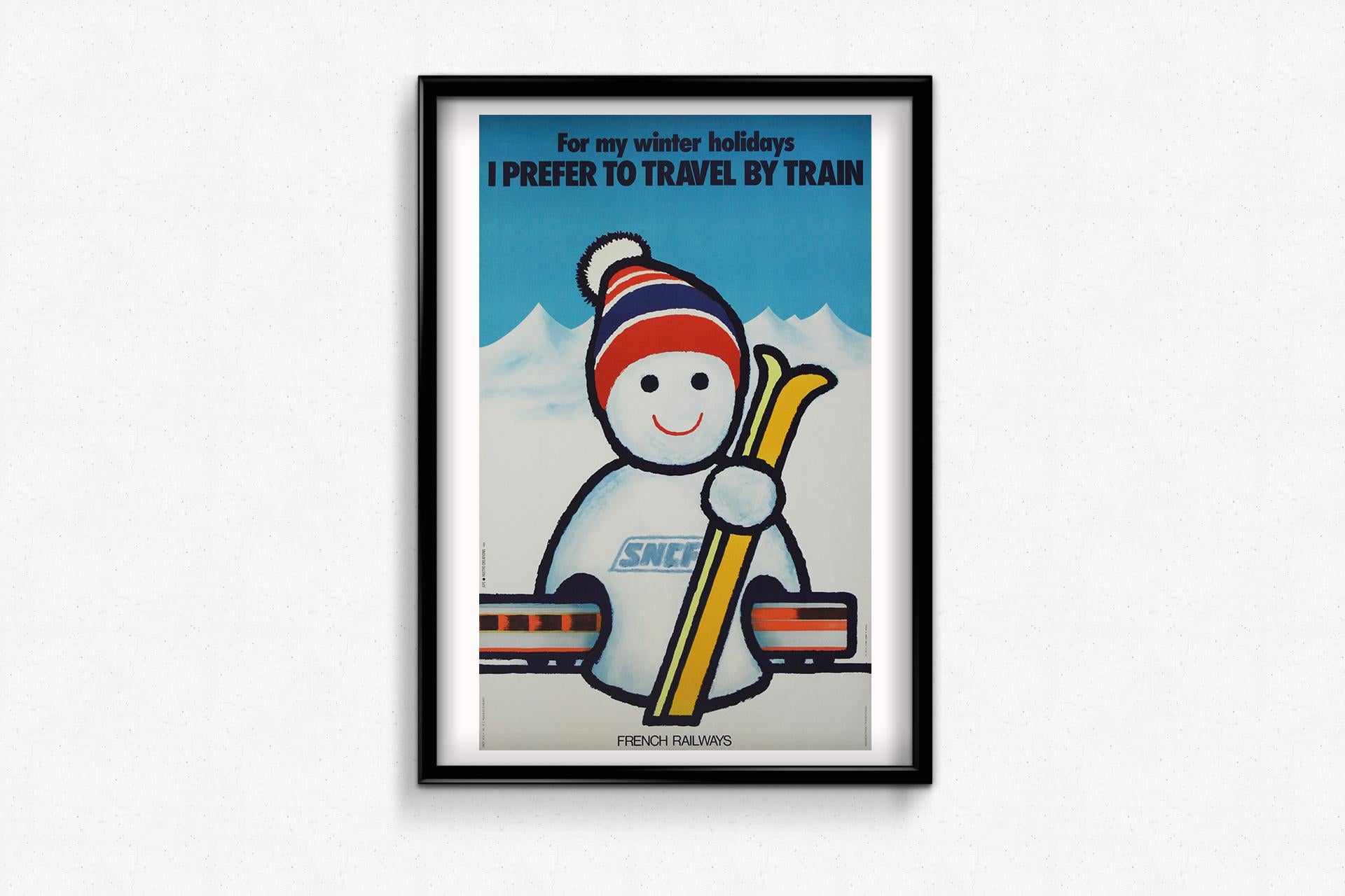1975 poster for the SNCF - for my winter holidays i prefer to travel by train For Sale 2