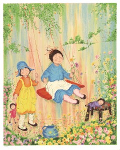 1979 Unknown 'Children Playing on a Swing' Contemporary Multicolor, Pink, Pastel, O