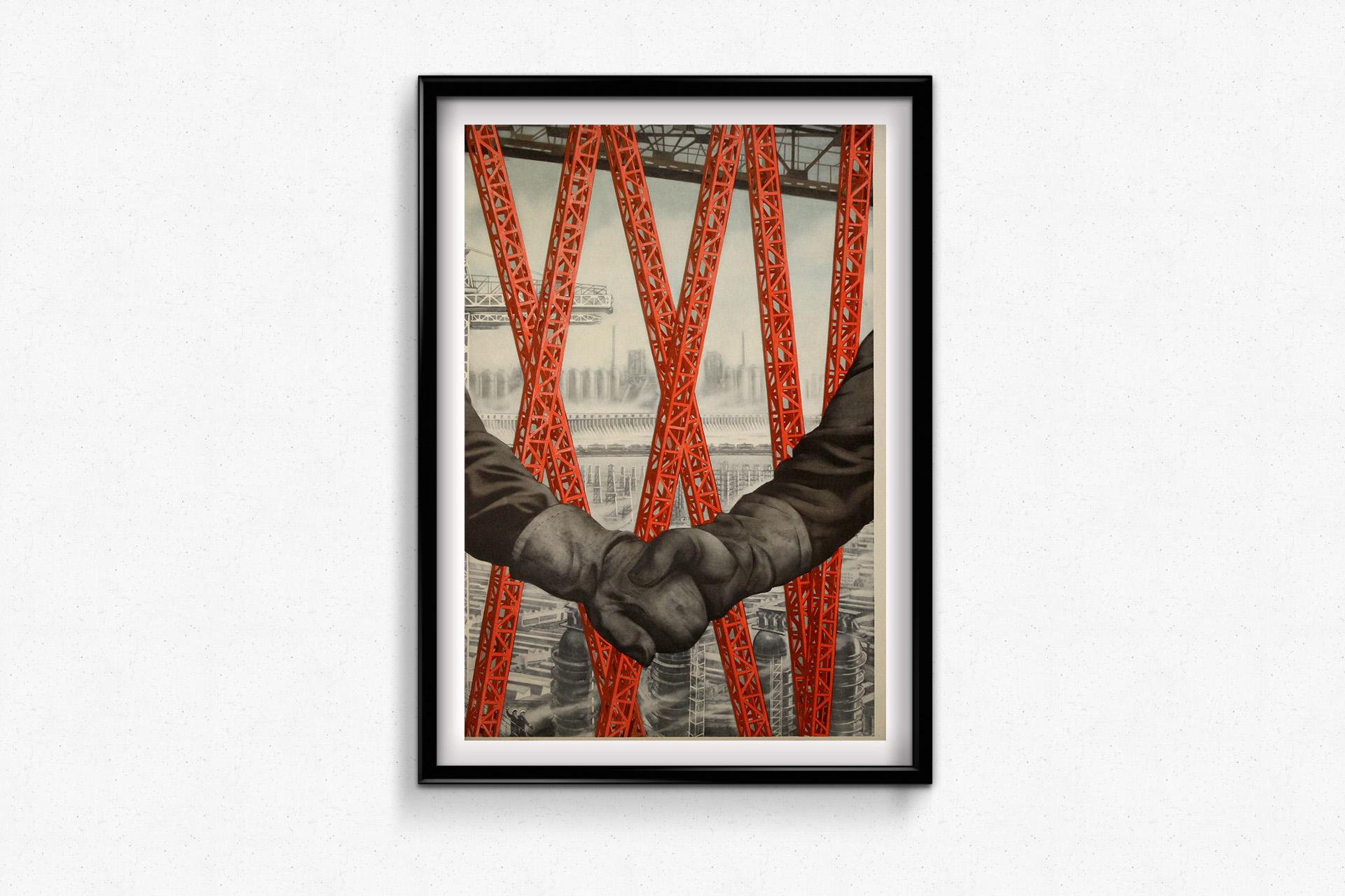 A visually striking emblem of late Soviet idealism, this 1980 original propaganda poster captures the essence of socialist industrial solidarity. It presents a dramatic handshake between two gloved workers — monumental, solemn, and central — framed