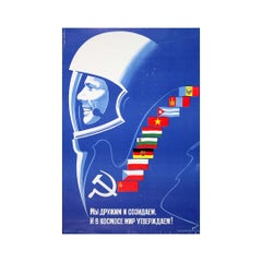 1982 Soviet space poster Gagarin Interkosmos peace flags USSR cosmos