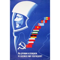 1982 Soviet space poster Gagarin Interkosmos peace flags USSR cosmos